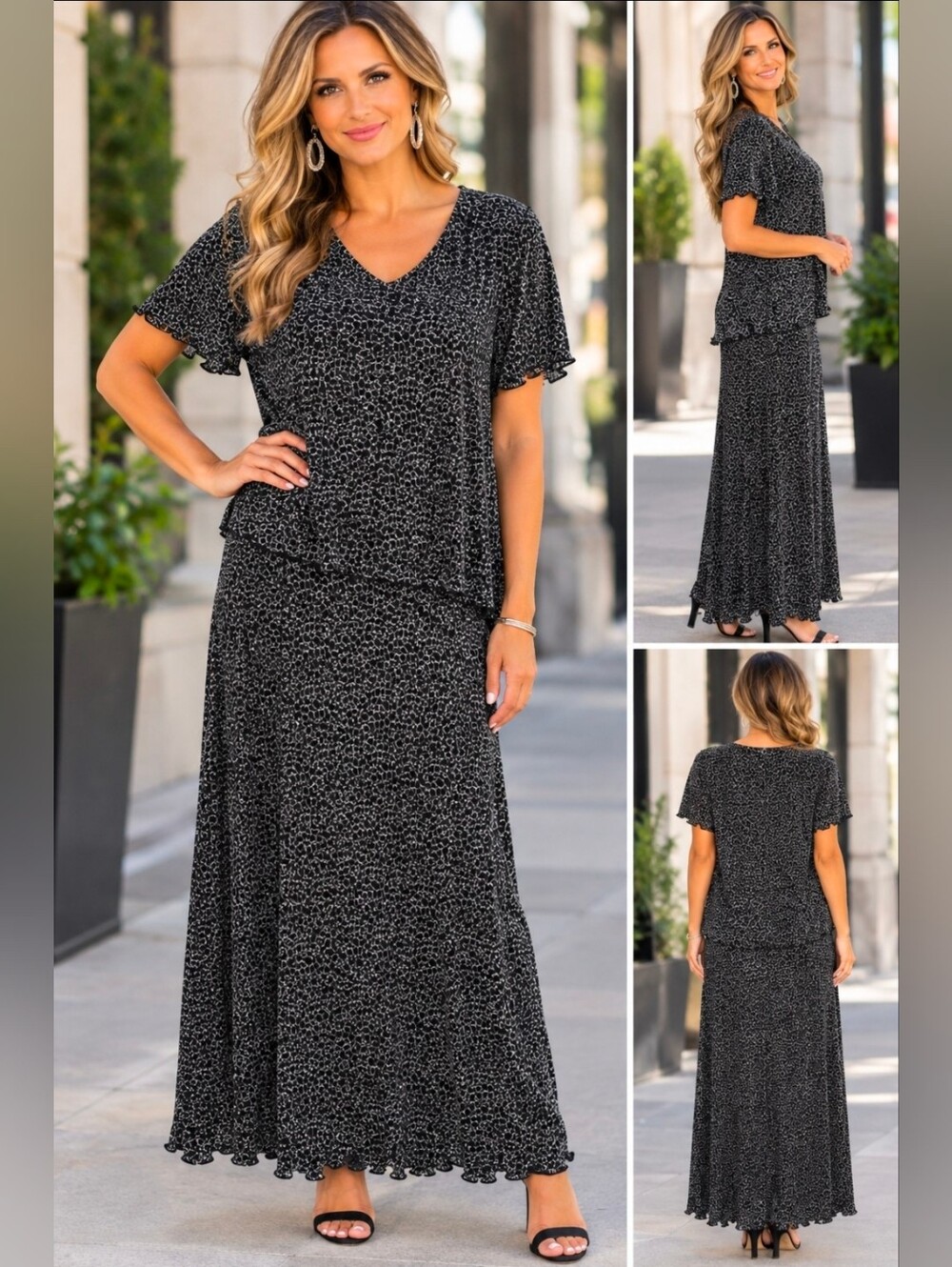 connected apparel Black and White Printed Midi Dress